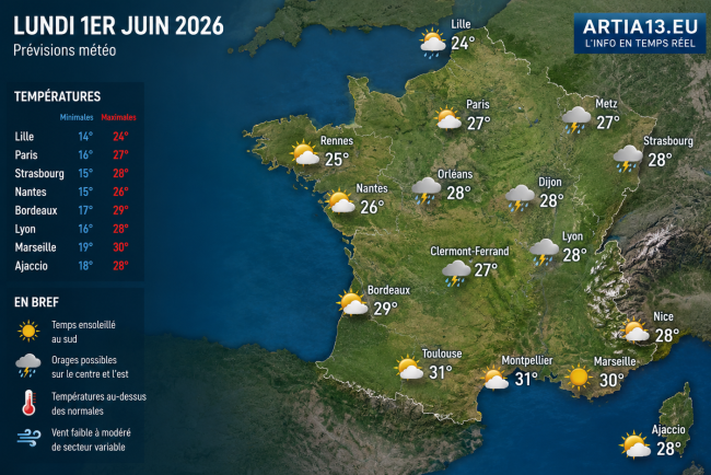 Météo du lundi 1er juin 2026 : chaleur persistante, risque d’orages et ambiance estivale sur une grande partie de la France