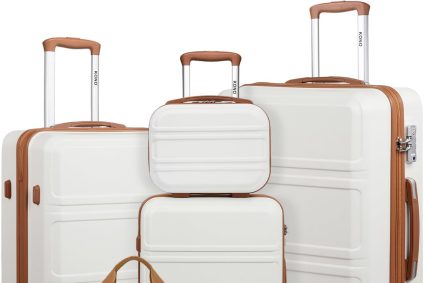 Kono Set de 6 Valises de Voyage Rigide (55/65/74cm) à 4 roulettes, avec Vanity Case, Sac de Voyage Pliable pour Le Sport et Trousse de Maquillage, Blanc Crème