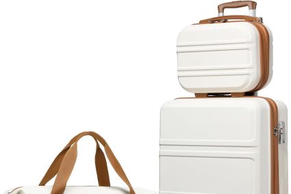 Kono Set de 4 Valises de Voyage Rigide Bagage Cabine 55cm avec Portable Vanity Case et Pliable Sac de Voyage pour Sport avec Trousse de Maquillage, Blanc Crème