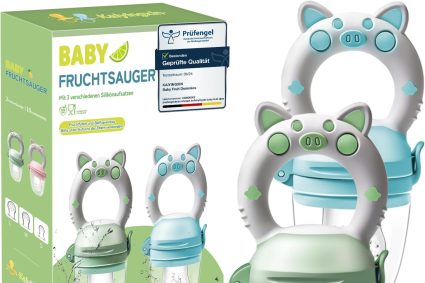 Grignoteuse Bébé Tetine Bebe – 2 Fruit Grignoteuses + 8 Tailles de Tétines Sans BPA, Tetine Grignoteuse Bebe Diversification Alimentaire Bébé pour Enfants de 3 à 24, Vert+Bleu