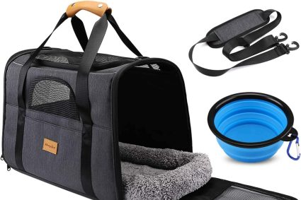 Morpilot Sac Transport Chat Chien, Caisse de Transport Chat Respirant et Pliable Cage Transport Chat avec Matelas en Peluche Amovible + Bol (Accepté au Maximum 15lbs/7kg，44 * 31 * 34cm)