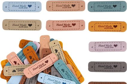 60 Pack Custom Handmade Leather Labels for Clothing and Knitting Crafts Sewing Labels with Holes 56x15mm Available in 10 Colours
