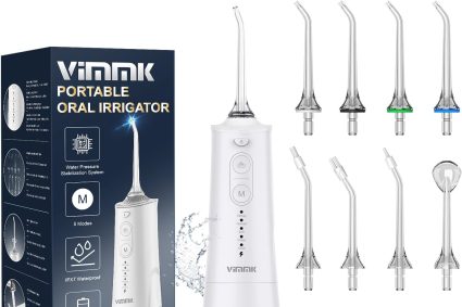VIMMK Jet Dentaire Hydropulseur et Irrigateurs Oral avec 5 Modes de Pression d&rsquo;eau et 8 Embouts Remplaçables, Rechargeable et Étanche IPX7, Réservoir 300ML (Blanc)