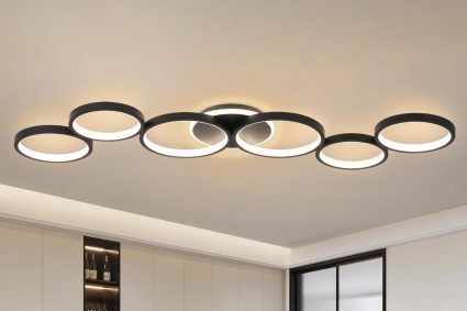LED Plafonnier Dimmable de Salon Noir Lampe de Salon Lampe de Chambre à Coucher Telecommande et APP, Moderne 6 anneaux ronde Luminaire Plafonnier avec Fonction Mémoire, L113cm/69W