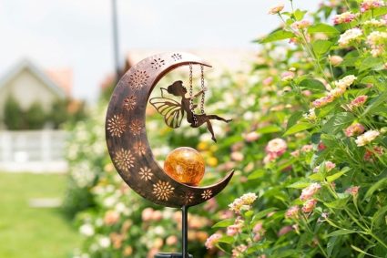 TERESA&rsquo;S COLLECTIONS Decoration Jardin Exterieur, Lampe Solaire Exterieur Jardin, Large Lumière en Forme de Lune et Fée, Solaire LED pour Pelouse,Balcon