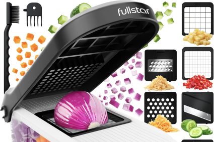 Fullstar Multifunctional Vegetable Slicer and Mandolin Slicer or Cube, Onions, Carrots, Cucumbers, Fries, Fruits – Vegetable and Cheese Grater – Kitchen Accessories (Compact 6-in-1 White)