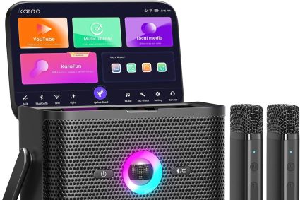 Machine de karaoké Ikarao pour adultes et enfants, avec écran d&rsquo;affichage des paroles, connexion WiFi à YouTube et à l&rsquo;application de karaoké, 2 microphones sans fil EQ Autotune, système PA de karaoké