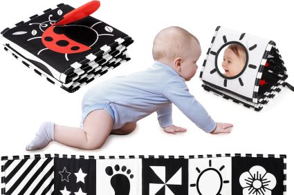 URMYWO Baby Fabric Book 0-3-6-12 Months, Black and White Montessori Book, High Contrast Sensory Fabric Book for Newborn Baby, Early Learning Toy 0-3-6 Months, Perfect Gift for Baby