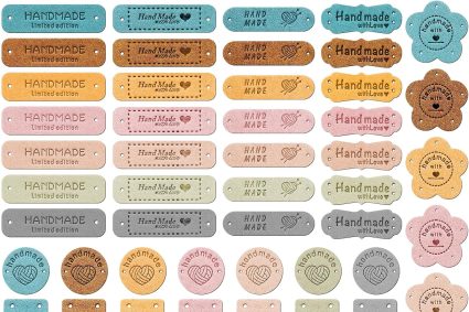 Lot de 56 étiquettes faites à la main à coudre en cuir PU fait à la main, en cuir microfibre, avec trous, accessoires de tricot pour bricolage, chapeau, jeans, sacs, chaussures, artisanat, tricot (8